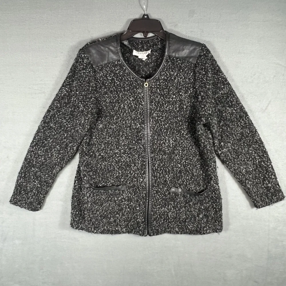 Cathy Daniels Women's Large Black White Boucle Knit Jacket Faux Leather Trim Zip